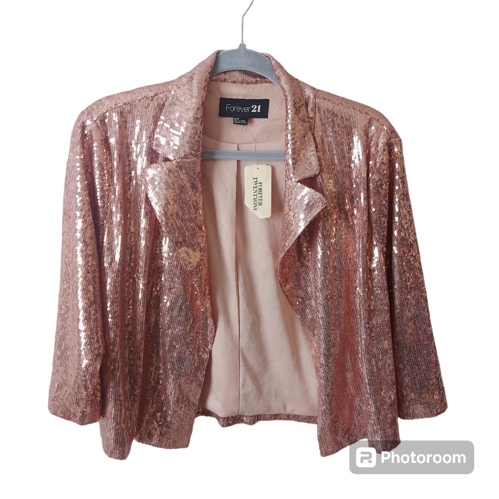 *NWT Forever 21 Rose Gold Pink Sequin Open Front Blazer Jacket Size Small